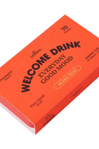 A bright orange box of Collins Welcome Drink Everyday Good Mood incense sticks, photographed at an angle on a clean white background.