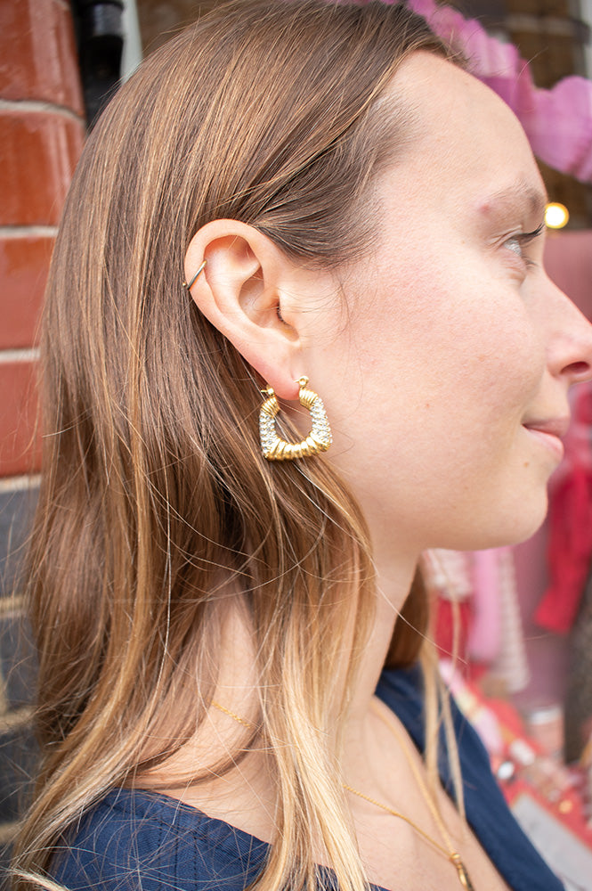 White Twisted Square Gold & Crystal Earring - The Mercantile London
