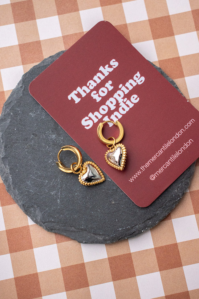 White Two Tone Heart Pendant Huggies