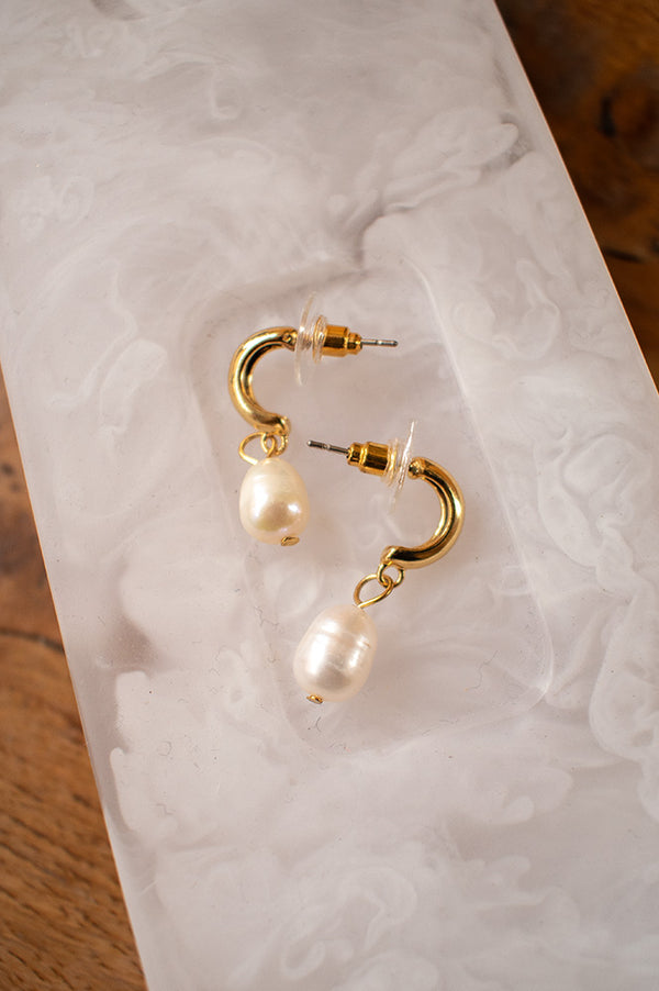 White Half Hoop Earring with Freshwater Pearl Drop in Gold - The Mercantile London