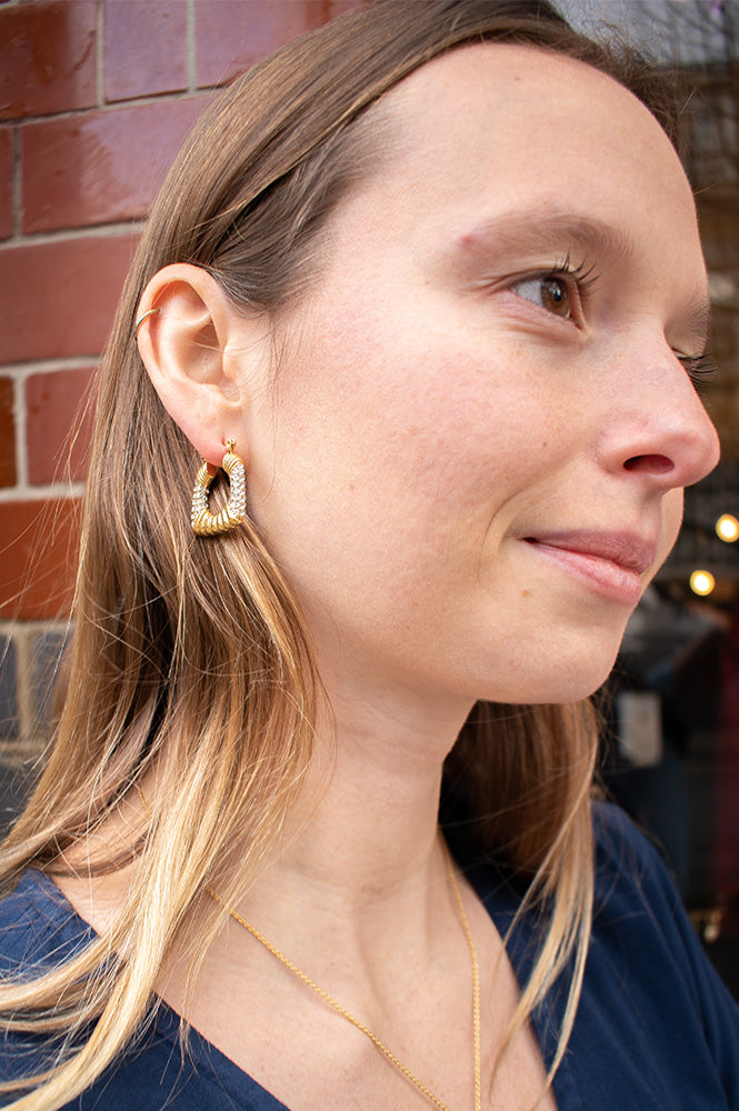 White Twisted Square Gold & Crystal Earring - The Mercantile London