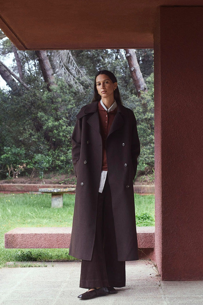 Yerse Wool Blend Long Chocolate Coat - The Mercantile London