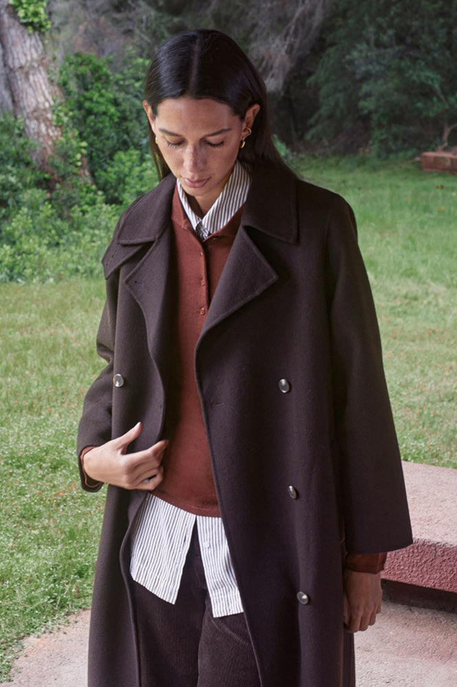 Yerse Wool Blend Long Chocolate Coat - The Mercantile London