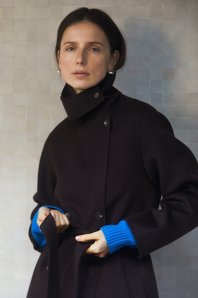 Yerse Wool Blend Long Chocolate Coat - The Mercantile London