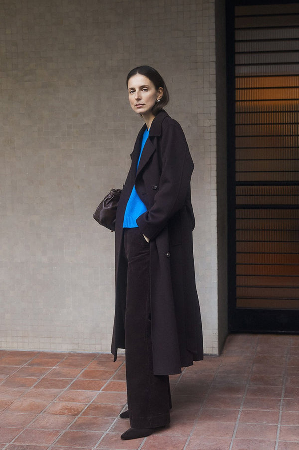 Yerse Wool Blend Long Chocolate Coat - The Mercantile London