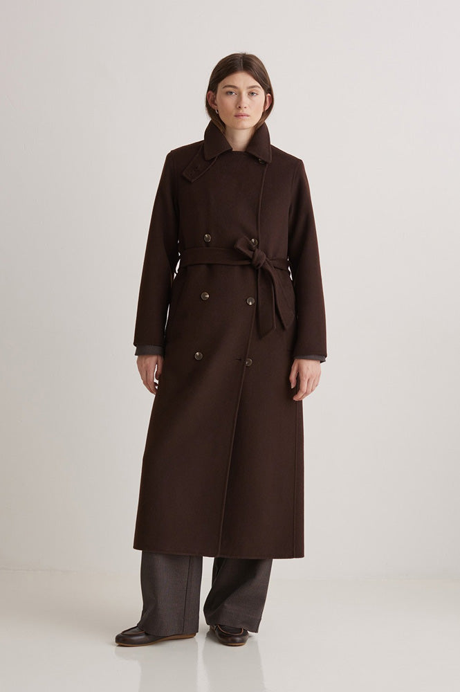 Yerse Wool Blend Long Chocolate Coat - The Mercantile London