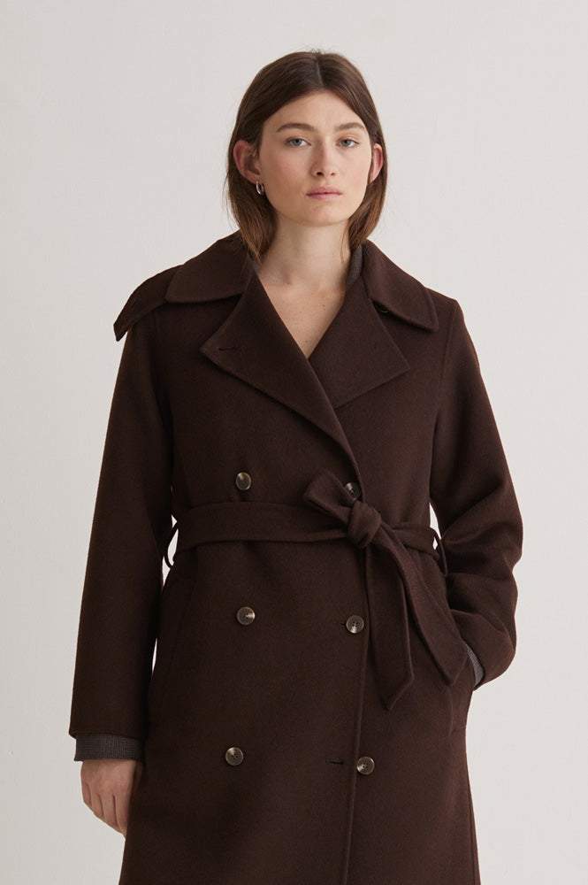Yerse Wool Blend Long Chocolate Coat - The Mercantile London