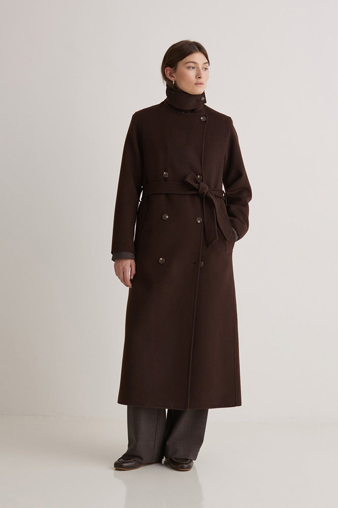 Yerse Wool Blend Long Chocolate Coat - The Mercantile London