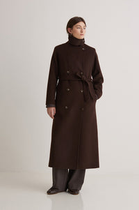 Yerse Wool Blend Long Chocolate Coat - The Mercantile London