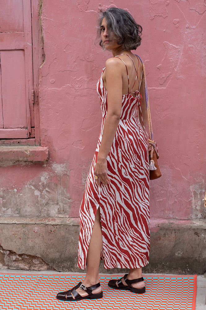 ICHI Yardeen Brick Striped Cowl Neck Dress - The Mercantile London