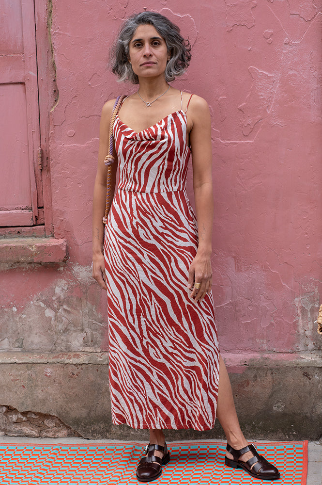 ICHI Yardeen Brick Striped Cowl Neck Dress - The Mercantile London