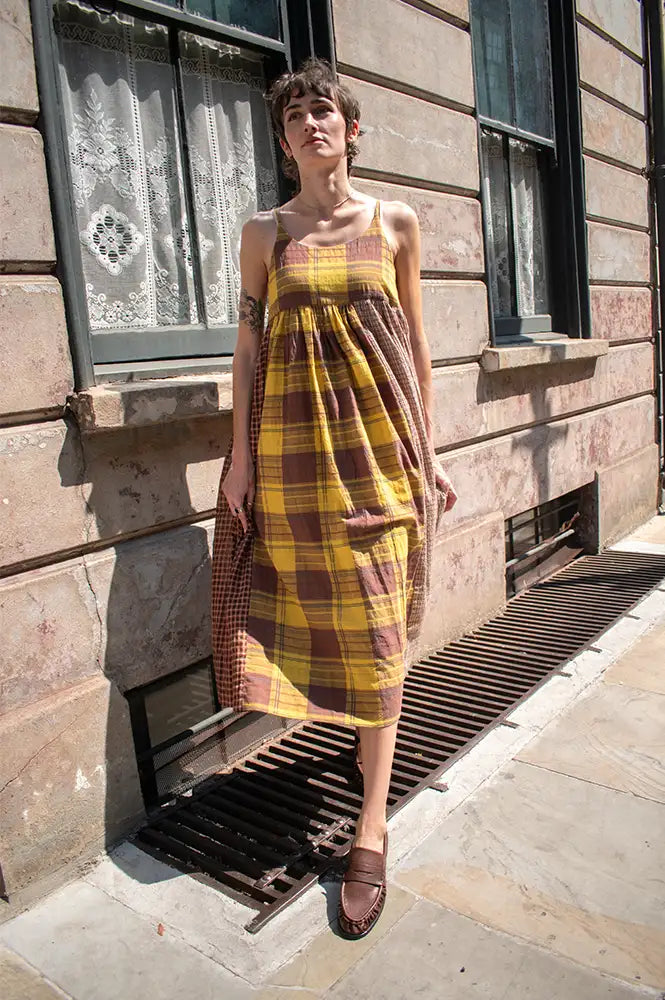 Amente Contrast Mustard & Brown Checkered Dress