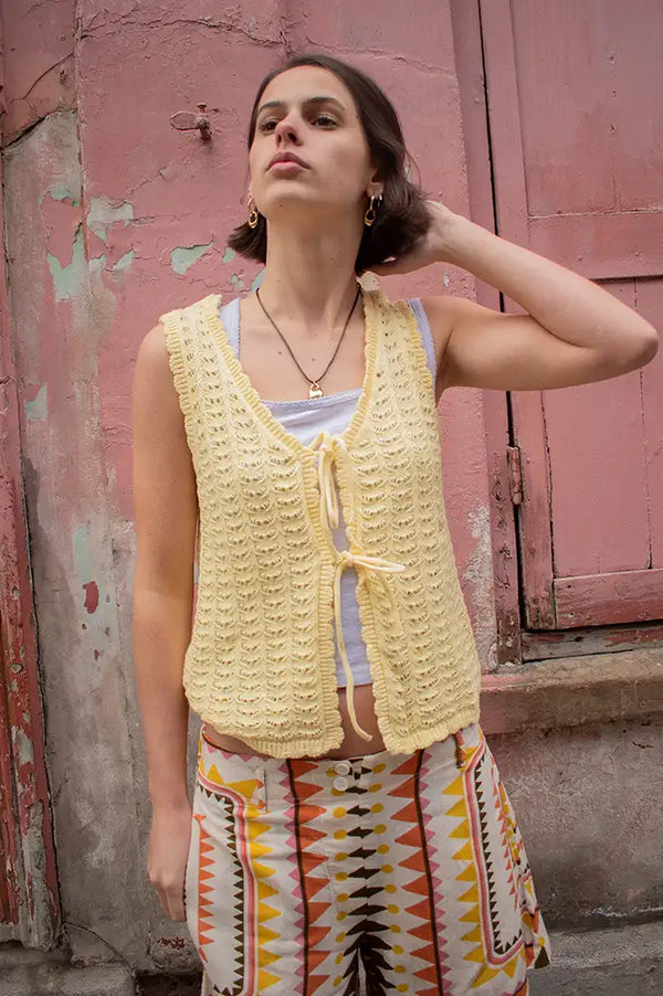 ICHI Dosia Mellow Yellow Knitted Tie Top - The Mercantile London