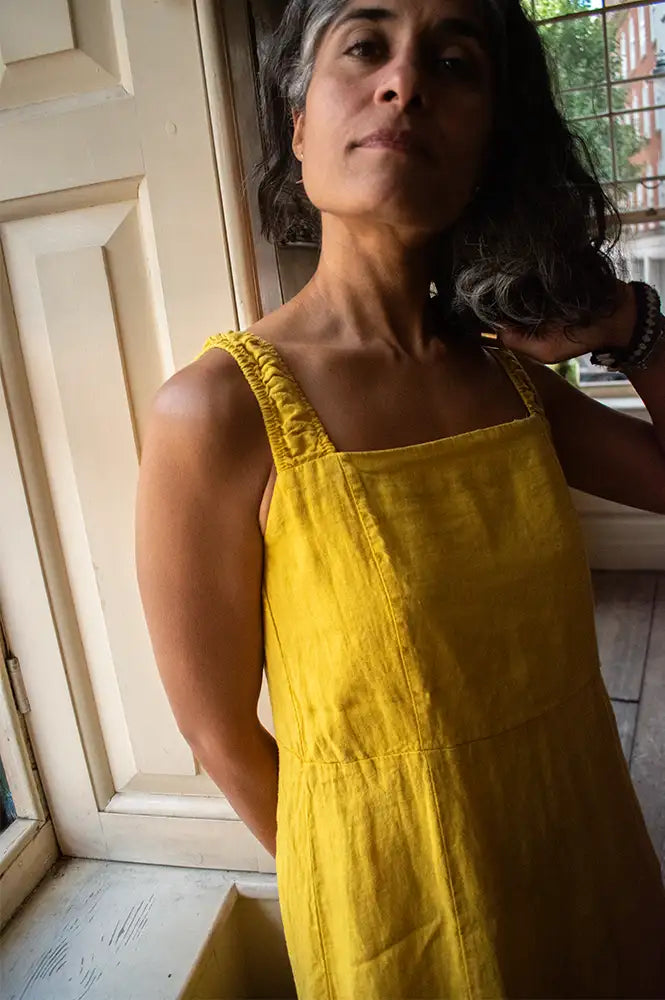 Linen & More Yellow Straight Neckline Dress
