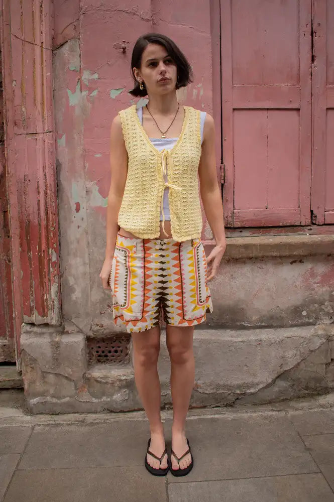 ICHI Dosia Mellow Yellow Knitted Tie Top - The Mercantile London