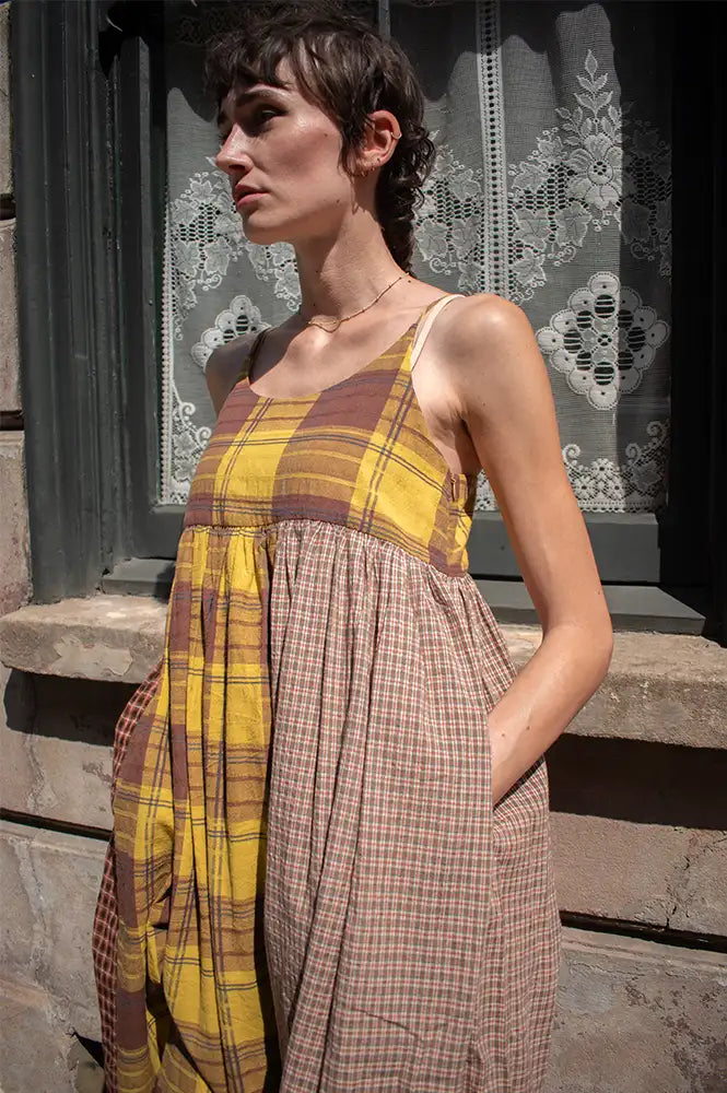 Amente Contrast Mustard & Brown Checkered Dress
