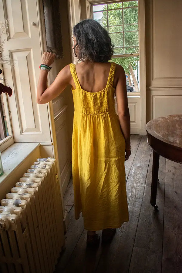 Linen & More Yellow Straight Neckline Dress