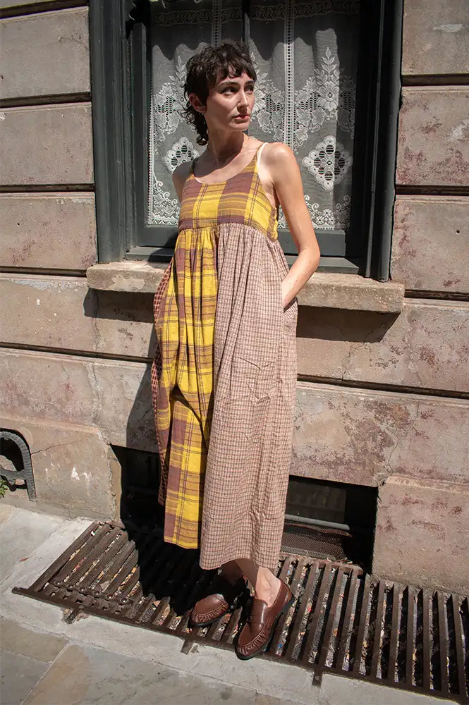 Amente Contrast Mustard & Brown Checkered Dress