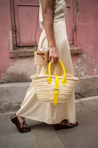 French Yellow Leather Detailed Small Market Basket Bag