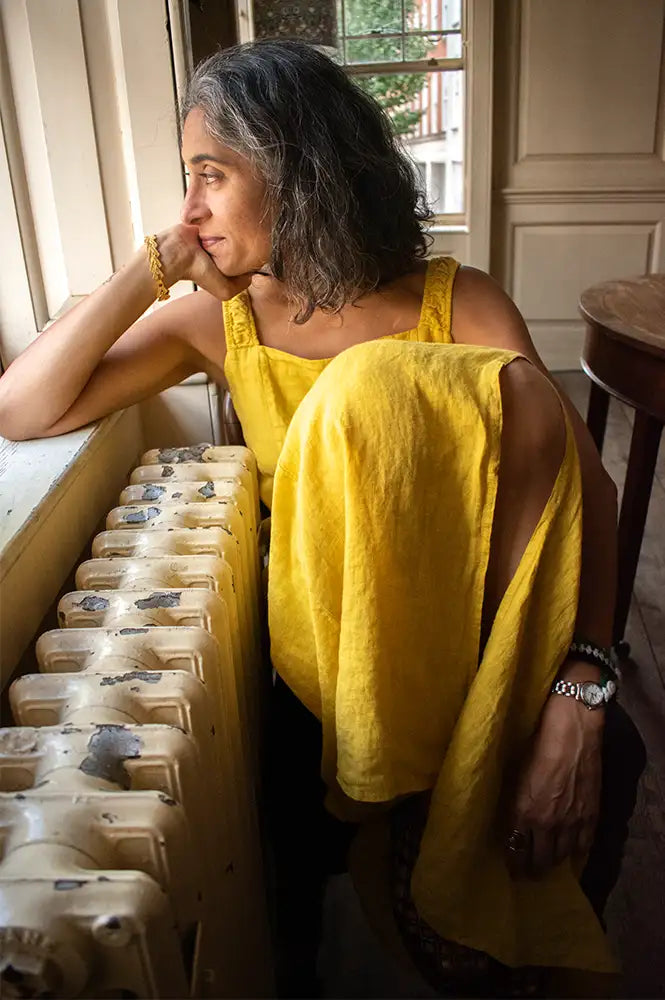 Linen & More Yellow Straight Neckline Dress