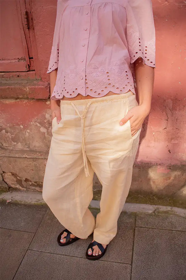 Yerse Butter Yellow Linen Drawstring Trousers - The Mercantile London
