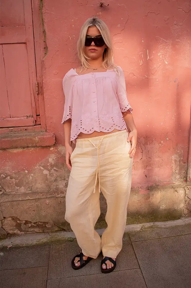 Yerse Butter Yellow Linen Drawstring Trousers - The Mercantile London