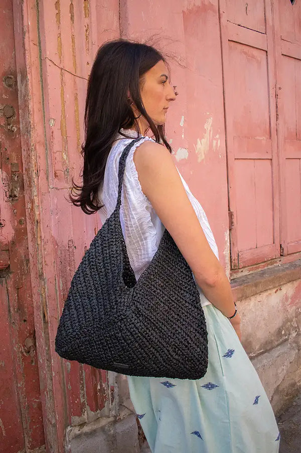 Yerse Black Raffia Hobo Bag - The Mercantile London