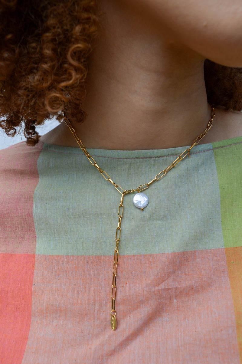 White Freshwater Pearl Link Chain Gold Necklace - The Mercantile London