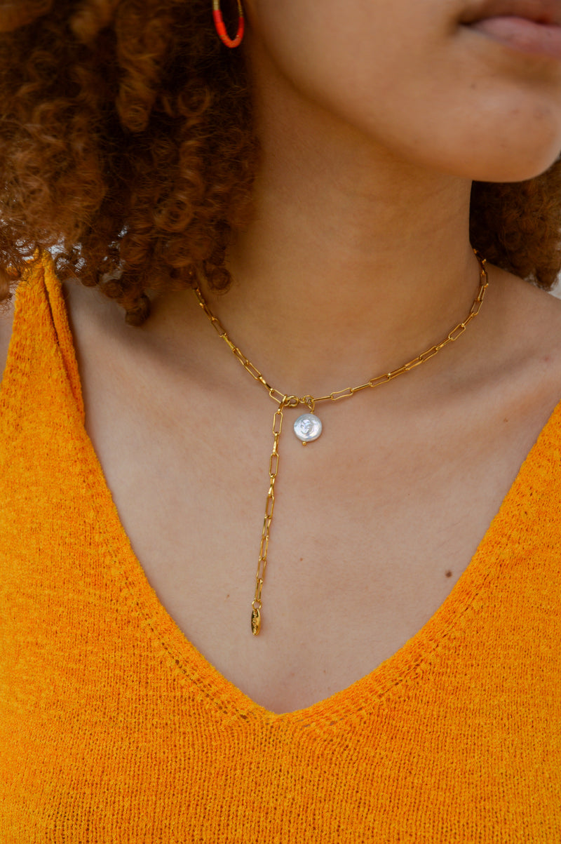 White Freshwater Pearl Link Chain Gold Necklace - The Mercantile London