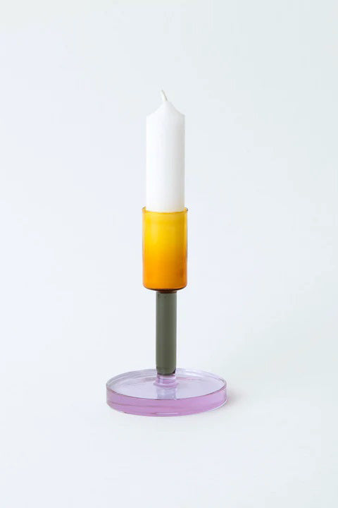 AW22 Block Design Medium Duo Tone Glass Candlestick Grey/Orange - The Mercantile London