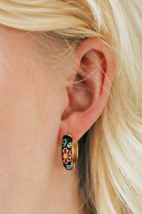 Black Floral Enamel Hoop Earrings - The Mercantile London