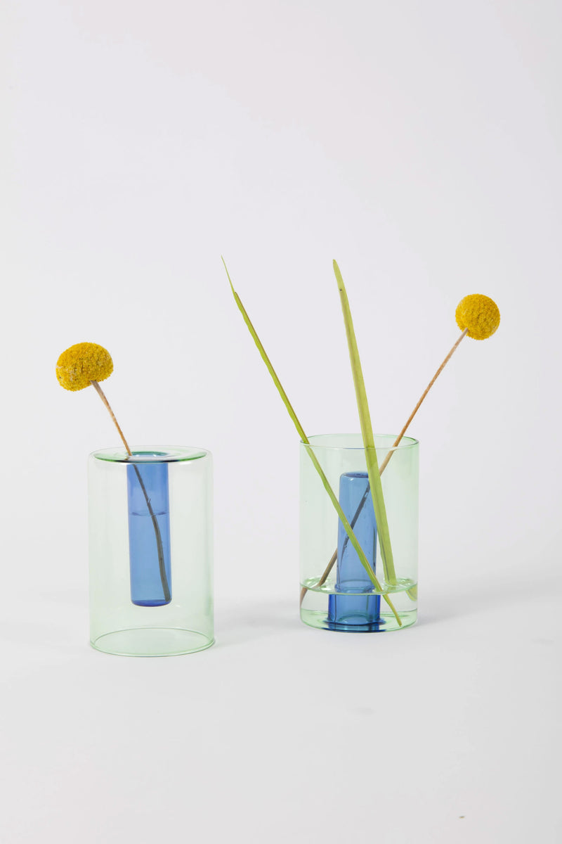 Block Design Small Reversible Glass Vase Green/Blue - The Mercantile London