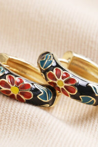 Black Floral Enamel Hoop Earrings - The Mercantile London