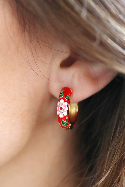 SS22 Red Floral Enamel Hoop Earrings in Gold - The Mercantile London